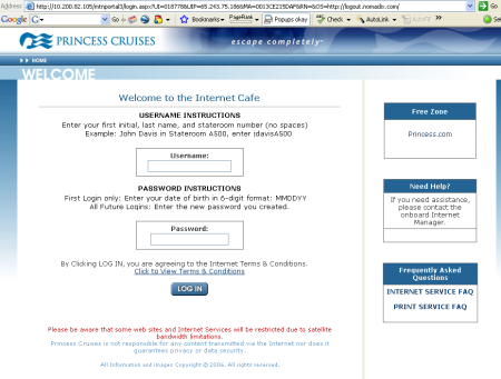Caribbean Princess Internet login screen