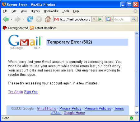 Google Gmail Error 502 screenshot