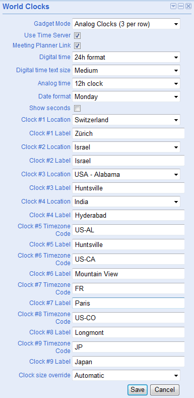 World Clocks gadget settings